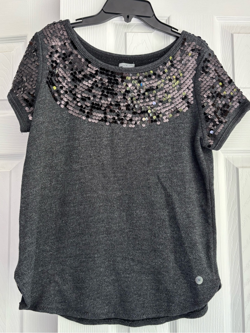 New Aerie Charcoal Grey French Terry w Black Sequin Yoke Short Sleeve Top Medium